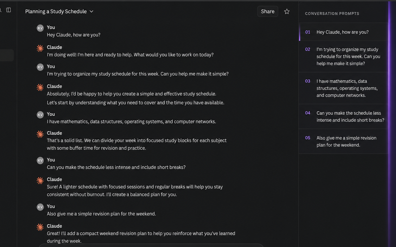 Screenshot step 2: Claude conversation with the Prompt Navigator sidebar open showing list of user prompts numbered 01 through 05