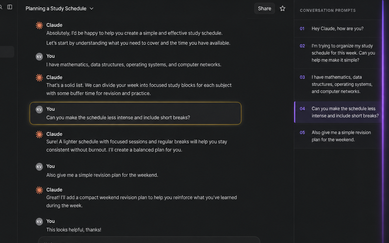 Screenshot step 3: Prompt Navigator with prompt number 04 active and the matching user message highlighted inside the Claude conversation thread