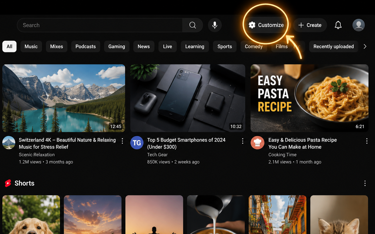 Screenshot showing the Customize button seamlessly integrated in YouTube header navigation