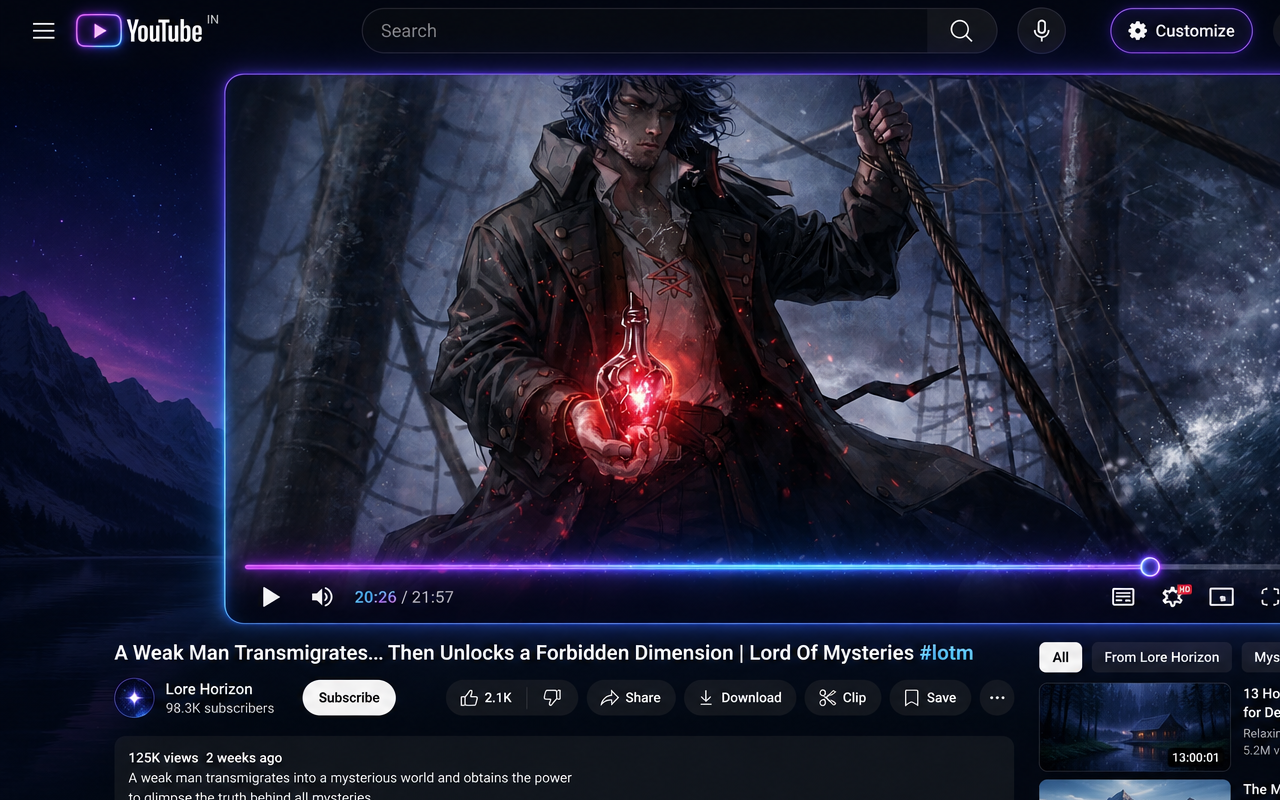 Screenshot showing customized YouTube player with glowing surface border and custom background wallpaper